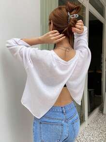 DAZY 开衩后落肩短款上衣长袖女式上衣，秋季女装 - 白色 - 查看 4