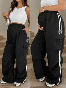 SHEIN Pantalones cargo de maternidad con bordados de rayas y letras - Negro - Ver 10