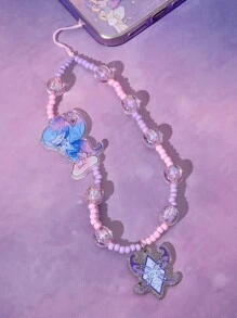 Pop Mart Azura X SHEIN Cartoon Pattern Handmade Acrylic Beaded Phone Lanyard, Dreamy Purple