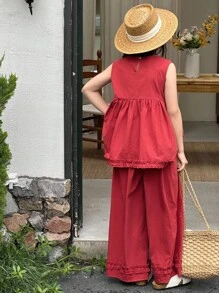 Dazy Kids 新款夏季儿童休闲套装，少女时尚无袖上衣搭配红色宽松长裤，街头风度假装扮 - 紅色 - 查看 7