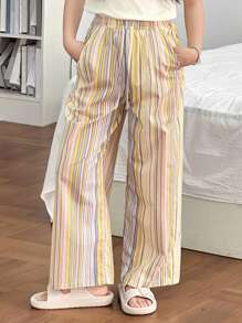 Dazy Kids Tween Girls' Colorblock Striped Print Drawstring Waist Loose Wide Leg Pajama Pants, Spring/Autumn - Multicolor - View 5