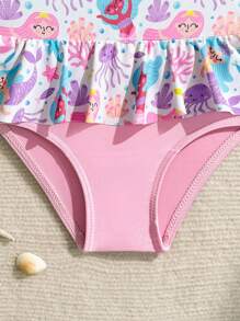 Baby Girl Marine Life Print One-Piece Swimsuit For Beach Vacation - Pink - View 5