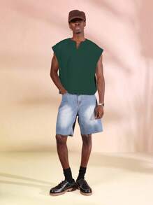 SUMWON Sleeveless Muscle Tank Crop Top Vintage Grunge Aesthetic Raw Edge Split Neck Summer Festival Streetwear Vest Plain - Green - View 5