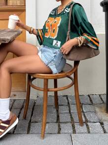 Muchica 女式宽松V领落肩T恤，带数字条纹印花，夏季 - 綠色 - 查看 4