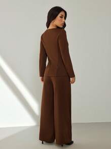 SHEIN PETITE Women's Elegant Solid Color Fitted Jacket And Pants Suit Set, Chocolate Brown Modern Suiting 2 Pieces Set In Fall/Winter - Coffee Brown - View 2