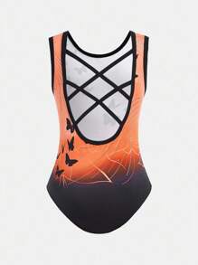 SHEIN 青少年女孩紧身无袖短款吊带背心，高弹力体操紧身衣，舞蹈服，运动训练，时尚（可爱印花），舒适弹力连体衣