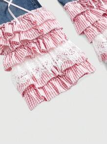 ROMWE Kawaii 大码女式 Y2K 青少年格子蕾丝兔子吊坠蝴蝶结喇叭裤 - 藍色 - 查看 5