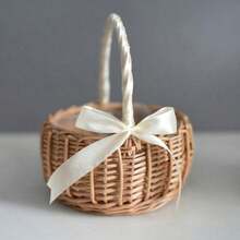 1 件装编织手提花篮藤编收纳篮带蝴蝶结实用编织柳条花篮适合生日派对