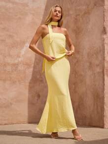 Lavishia 奶油黄色女士抹胸，配腰带领和鱼尾下摆短裙套装，奶油黄色度假风格夏季度假 Y2K 服装女士 Y2K 返校服装乡村服装女士老孟女士波西米亚风 - 黃色 - 查看 3