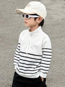 SHEIN 年轻男孩休闲舒适提花拉链半拉链条纹立领厚款运动衫，返校服 - 白色 - 查看 5