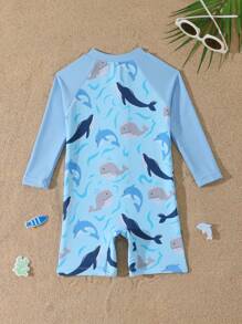 Baby Boy Dolphin & Shark Print One-Piece Swimsuit, Beach/Resort - Blue - View 2