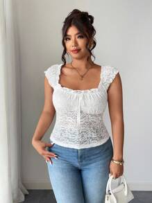 Elenzga Camiseta elegante y dulce para mujer con lazo decorativo de encaje y cordón en el busto