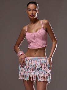 MUSERA 荷叶边针织多层迷你裙，适合夏季伊比沙岛、Y2K 酷女孩、音乐节、锐舞派对、度假俱乐部、可爱海滩、生日派对、春假、嘉年华、复活节等场合。 - 粉色 - 查看 3