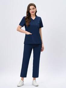 Scrubzie Women V-Neck Patchwork Pocket Short Sleeve Top And Pants Nurse Uniform Set - Navy Blue - View 4