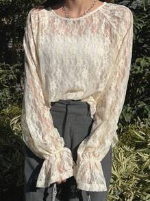 FRIFUL Women's Apricot Loose Sheer Cover Up, Lace Camisole With Bell Sleeve, Spring/Summer,Ruffle Long Sleeve Women Tops - Apricot - View 3