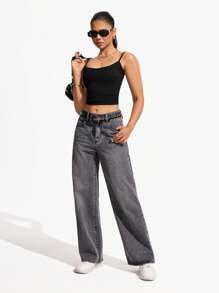 Jeanoix Pantalones vaqueros casuales, versátiles, de pierna ancha y sueltos con bolsillos para mujer