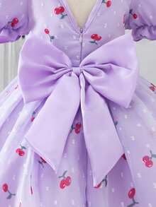 Young Girl Cherry Print Puff Sleeve Party Dress - Purple - View 3
