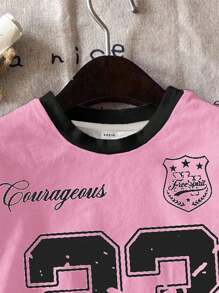 SHEIN Leap Crew 青少年女孩休闲简约短袖宽松 T 恤和紧身裤两件套，适合夏季 - 彩色 - 查看 4