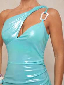 Lumalex Herbst bescheidener Vintage-Sommer Badeanzug Bademode Urlaubs-Strand Elegant Ostern Boho Meer Strand Heiß Outdoor Reichhaltig geschichtetes Hochzeitskleid Bankett Volljährigkeitsfeier Strand Meer Damen asymmetrisches Schulterfreies Kleid mit Rüschen, Schlitz und Glanz - Lichtblau - Übersicht 5