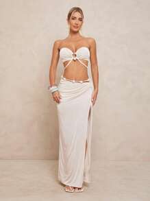 Lumalex Conjunto de 2 piezas de top tubo y falda plisada con decoración de perlas falsas para mujer, atuendo para fiesta todo blanco, modesto, elegante, bohemio, para playa, mar, vacaciones, verano, boda, ceremonia, banquete - Albaricoque - Ver 7
