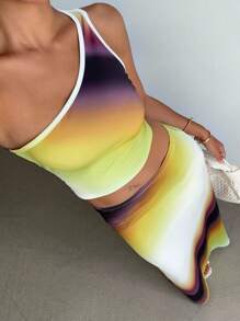 INAWLY Women's Tie-Dye Print Sleeveless Cropped Top And Skirt 2-Piece Set, Fashionable - Multicolor - View 3