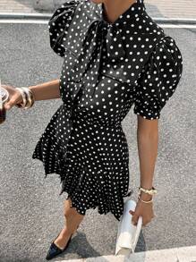 Siren Gaze Retro Polka Dot Business Casual Woman Wedding Guest Dress Women Polka Dot Dress Polka Dot Dress Black Polka Dot Pleated Navy Collar Bow Casual High Street Commuting Holiday Short Dress Women's Polka Dot Puff Sleeve Ruffle Hem A-Line Mini Dress Elegant Summer Evening Dress Black - Black - View 5
