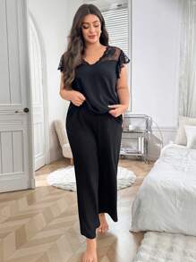 SHEIN 加两件套撞色蕾丝袖针织上衣和裤子睡衣套装，夏季