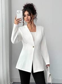 Elenzga 大码女式V领纯色商务休闲西装外套 - 白色 - 查看 1