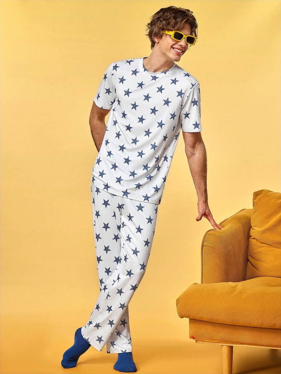 Men's Star Print Pajama Bottoms, Lounge Pants, Fall - White - View 1