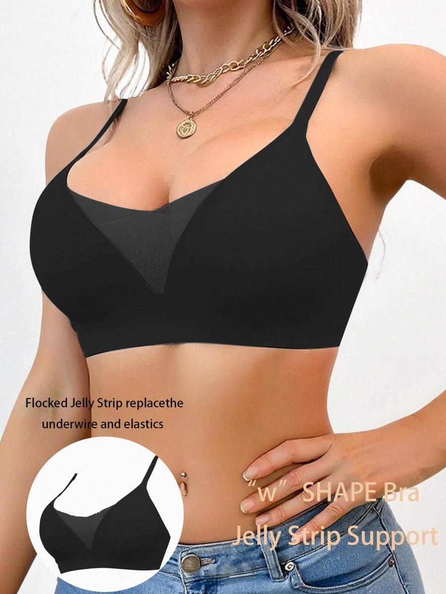 SHEIN Women's Black Polyamide Comfy Bralette With Flocked Jelly Strip Support,Wire-Free Design For Ultimate Comfort And Smooth Shaping - Black - View 1