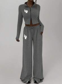 SHEIN ICON 2pcs Women's Reflective Print Tight Fitting Long Sleeve Sweatshirt And Pants Set, Grey - Grey - View 7