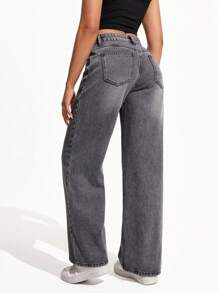 Jeanoix Pantalones vaqueros casuales, versátiles, de pierna ancha y sueltos con bolsillos para mujer