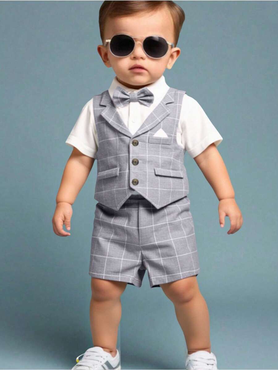 SHEIN 3pcs Baby Boy Lightgrey Plaid Vest,Casual Shorts,Bowknot Summer Formal Outfit Set,Elegant Wedding,Weddingguest,Birthday Party,Christening Performance - Grey - View 1