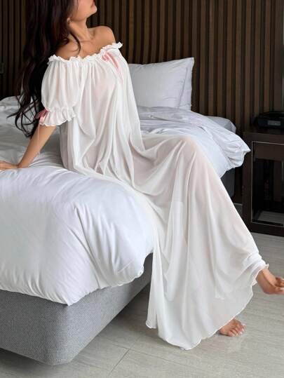 DAZY Charming Sheer Mesh Off Shoulder Ruffle Hem Long Women's Sexy Nightgown Pajama