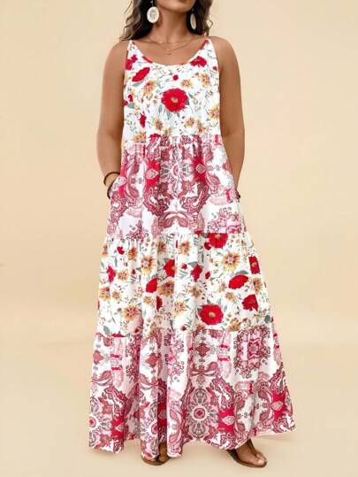 Travachic Plus Size Women Floral Patchwork Bohemian Maxi Dress, Różowa Kwiatowa Retro Print Cami Bez Rękawów Sukienka Plażowa Z Kieszeniami