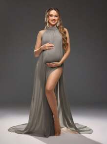 Cheriluna Maternity 孕妇纯色侧开衩下摆露背连衣裙孕妇装拍摄服装 - 深灰色 - 查看 3