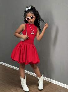 SHEIN Tween Girls Casual Floral Babydoll Dress, Fashion Streetwear Daily Versatile Red Dress Girls Dress Red Bubble Dress Girls Red Dress Dress With Back Cutout Red Girls Dress Cutout Dress