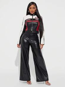 Radiana Amerikanischer cooler Patchwork- & Kontrastfarben-Motorradjacke mit Stickerei, Damen Sommer Rennwagen Rennmotorrad Jacke für Herbst/Winter