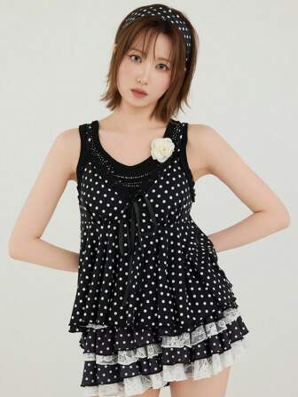 SHEINxHITOMI ROMWE Women's Summer Polka Dot V-Neck Lace Patchwork A-Line Camisole And Tank Top Set With Necktie