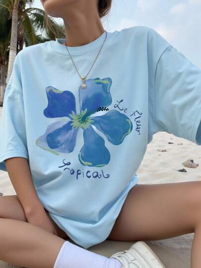 Jouncy Women Floral Print Oversized Round Neck Drop Shoulder Casual T-Shirt,Vacation T-Shirts, Seaside T-Shirts, Casual Daily T-Shirts