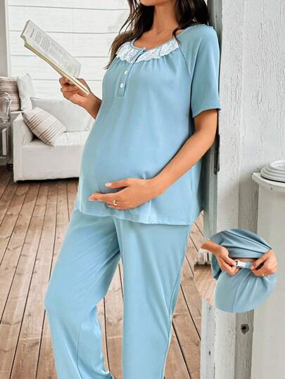 SHEIN 2件套蕾丝拼布半襟针织休闲短袖上衣和裤子孕妇家居服套装