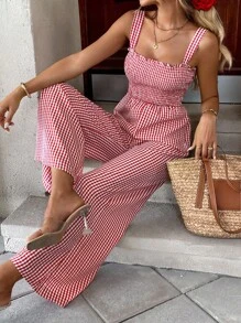 New Arrival Summer Fashion Elegant Plaid Jumpsuit With Suspender For Women
