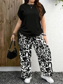 EMERY ROSE 2pcs/Set Plus Size Leaf Graphic Set, Suitable For Summer - Black and White - View 3