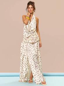 MUSERA 露背吊带超长款缎面波点裹身垂褶细节宽松长裙，适合婚礼宾客、舞会、毕业典礼、生日、夏季假期、节日、可爱休闲优雅的托斯卡纳阳光、伊比沙岛海滩、秋季夜生活、圣诞节、秋季、冬季等场合。 - 杏色 - 查看 1