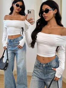 INAWLY Women's Solid Color Off-Shoulder Pleated Long Sleeve Cropped Slim Fit T-Shirt For Spring And Summer