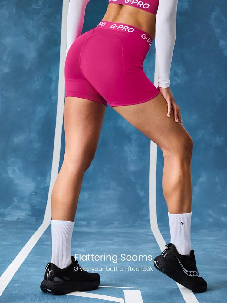 4.3インチ Powersculpt™ クール コンプレッション Vライン ヒップ バットリフティング 弾性ウエスト バイカーショーツ サイドポケット 滑り止めグリップ ハイインパクト ランニング ジョギング トレーニング ジム ワークアウト