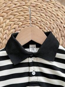 秋冬休闲可爱百搭黑白条纹拼接长袖 Polo 领卫衣，适合幼儿男孩/女孩，适合幼儿园