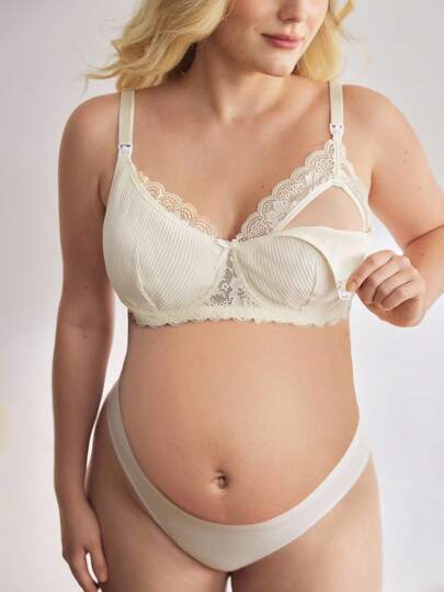 BloomMama Reggiseno comodo casual in taglia curvy, allattamento, senza fili, con apertura frontale, in pizzo e rifiniture in patchwork