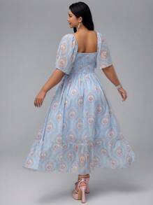 Flirla Plus Size Women's Romantic Palace Printed Gathered Waist Puff Sleeve Short Sleeve Dress - Blue - View 2
