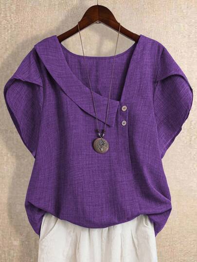 Linhara Blusa holgada de talla grande para mujer, de unicolor, con escote asimétrico y mangas con pétalos, para verano